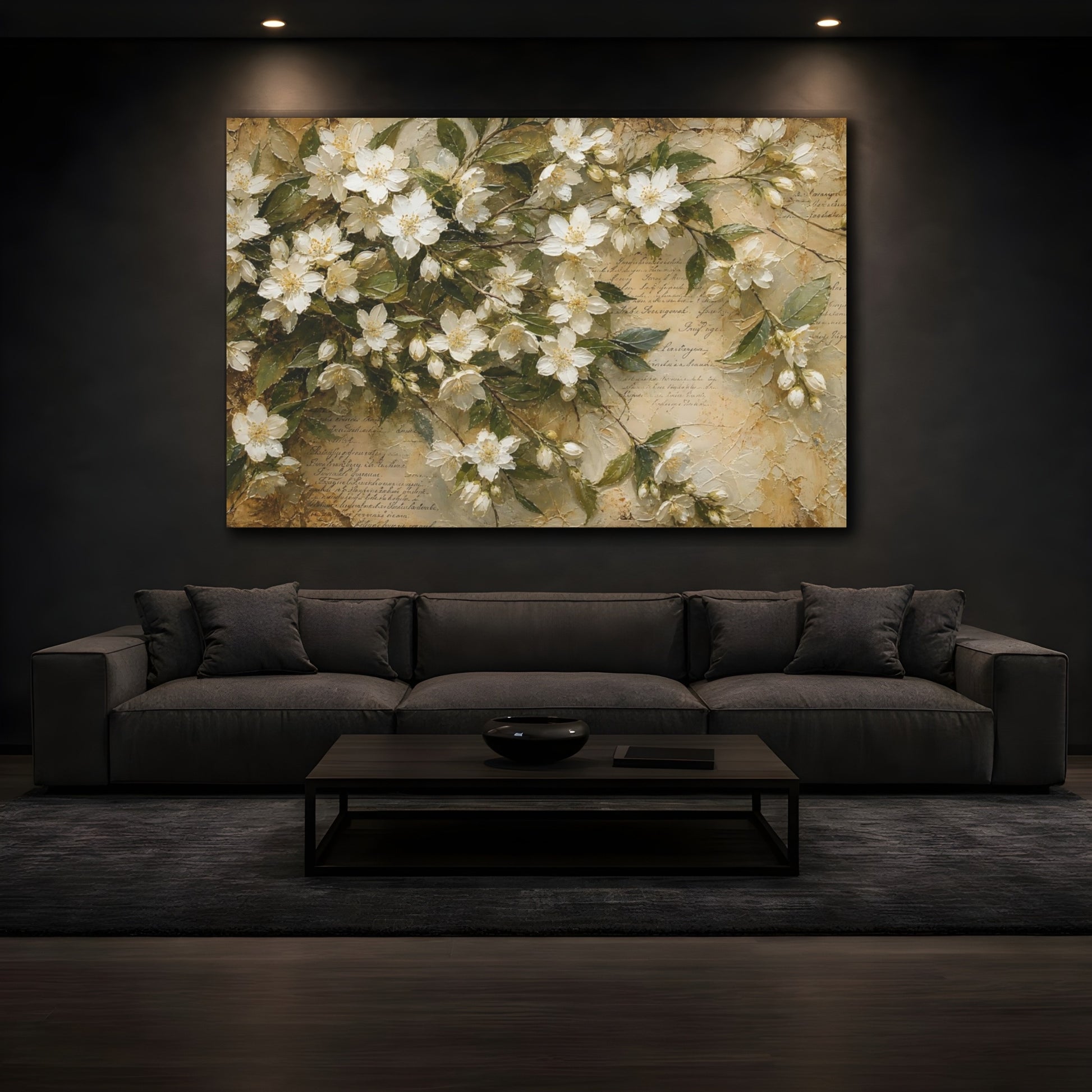 Mockup 3. Floral Jasmine Flowers White Floral Vintage shown as stretched canvas wall art