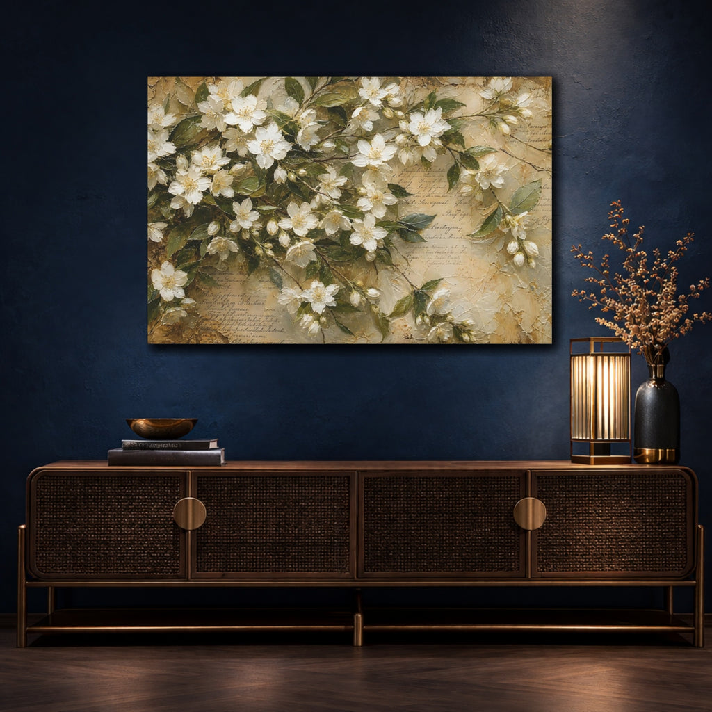 Mockup 4. Floral Jasmine Flowers White Floral Vintage shown as stretched canvas wall art