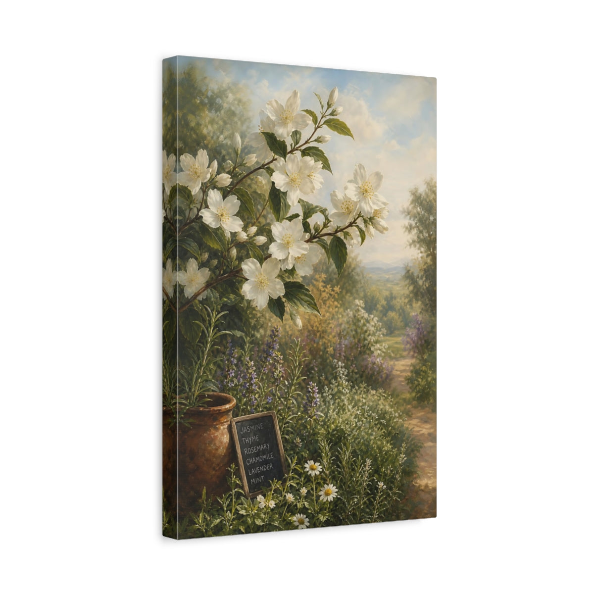 Side Mockup 4. Floral Jasmine Flowers White Floral Garden shown as stretched canvas wall art