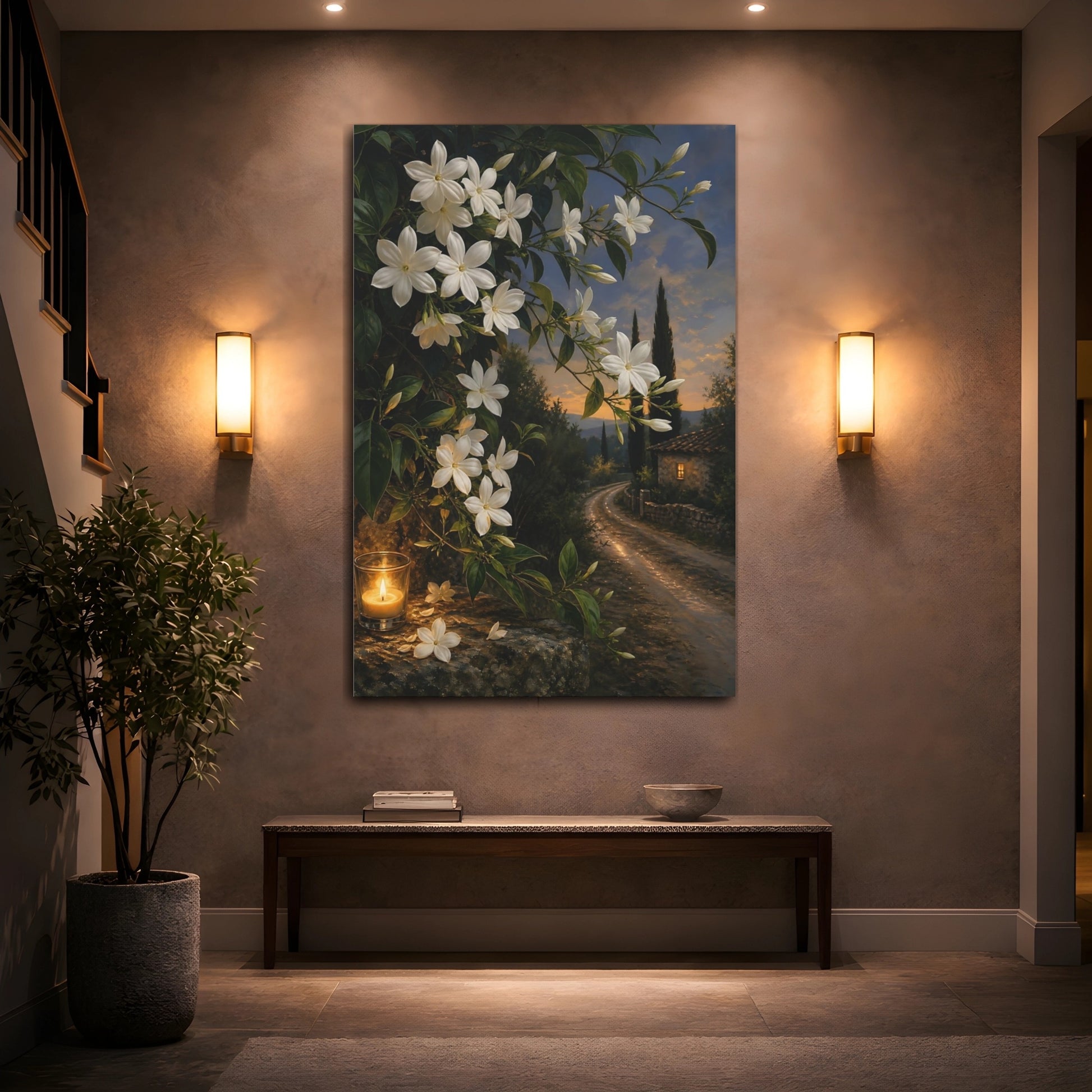 Mockup 2. Floral Jasmine Flowers White Jasmine Evening shown as stretched canvas wall art