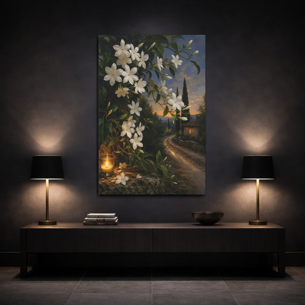 Mockup 3. Floral Jasmine Flowers White Jasmine Evening shown as stretched canvas wall art