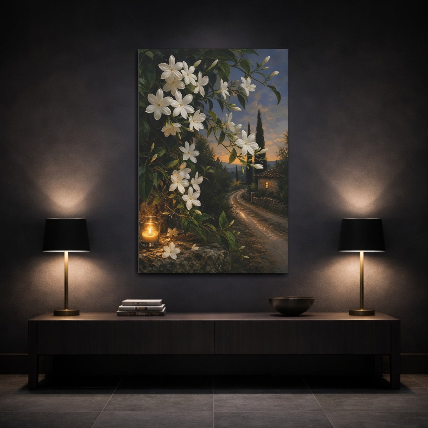 Mockup 3. Floral Jasmine Flowers White Jasmine Evening shown as stretched canvas wall art