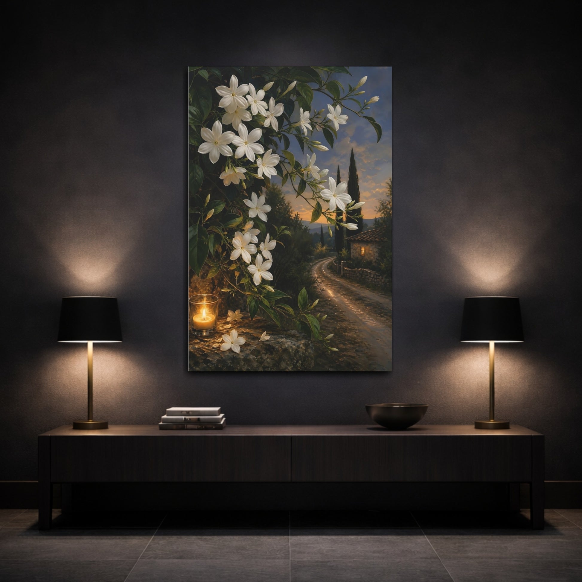 Mockup 3. Floral Jasmine Flowers White Jasmine Evening shown as stretched canvas wall art