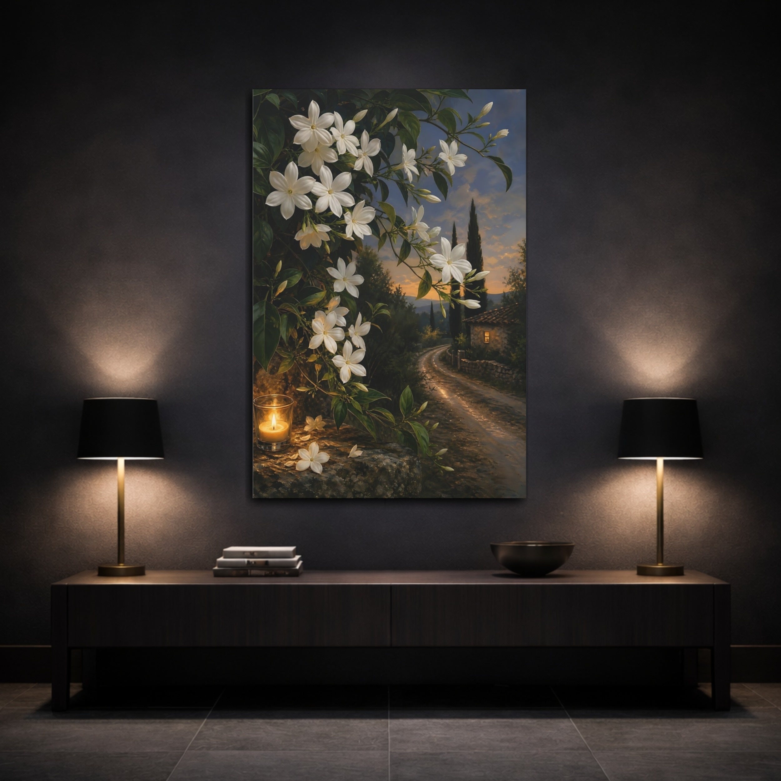 Mockup 3. Floral Jasmine Flowers White Jasmine Evening shown as stretched canvas wall art