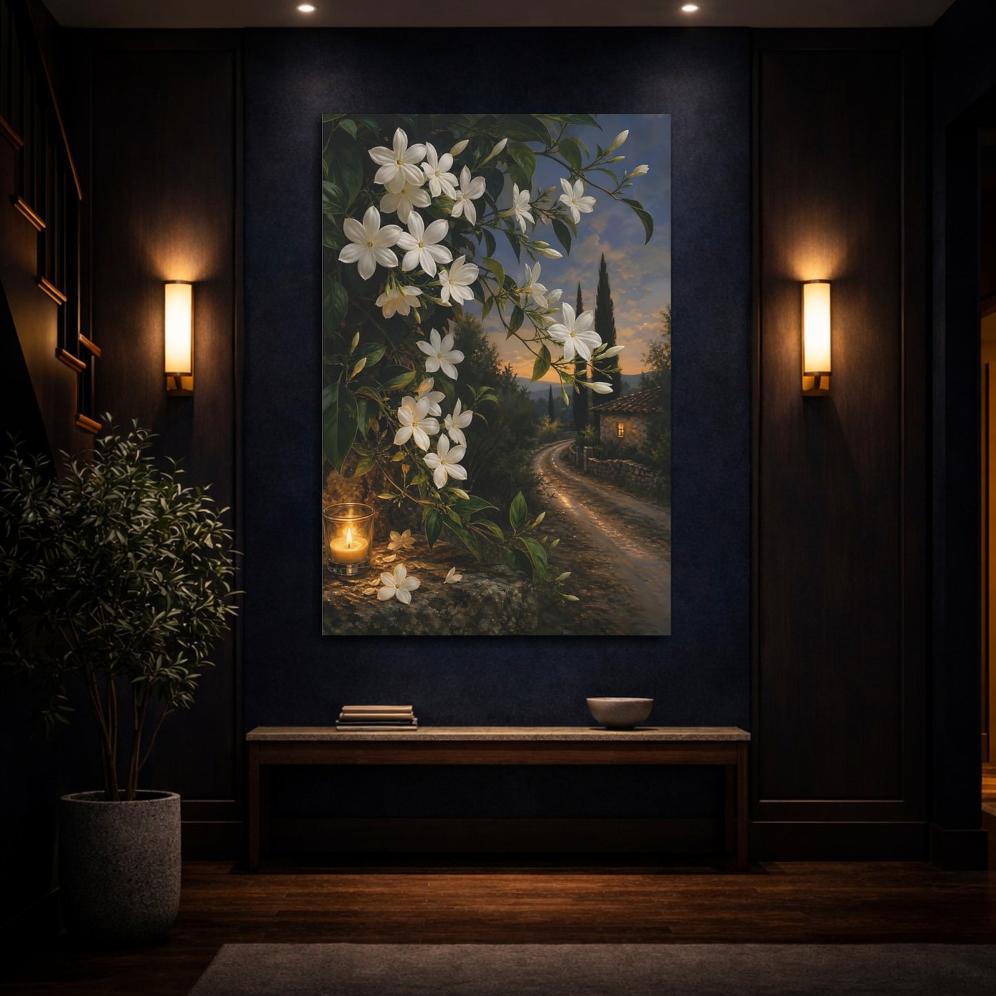 Mockup 4. Floral Jasmine Flowers White Jasmine Evening shown as stretched canvas wall art