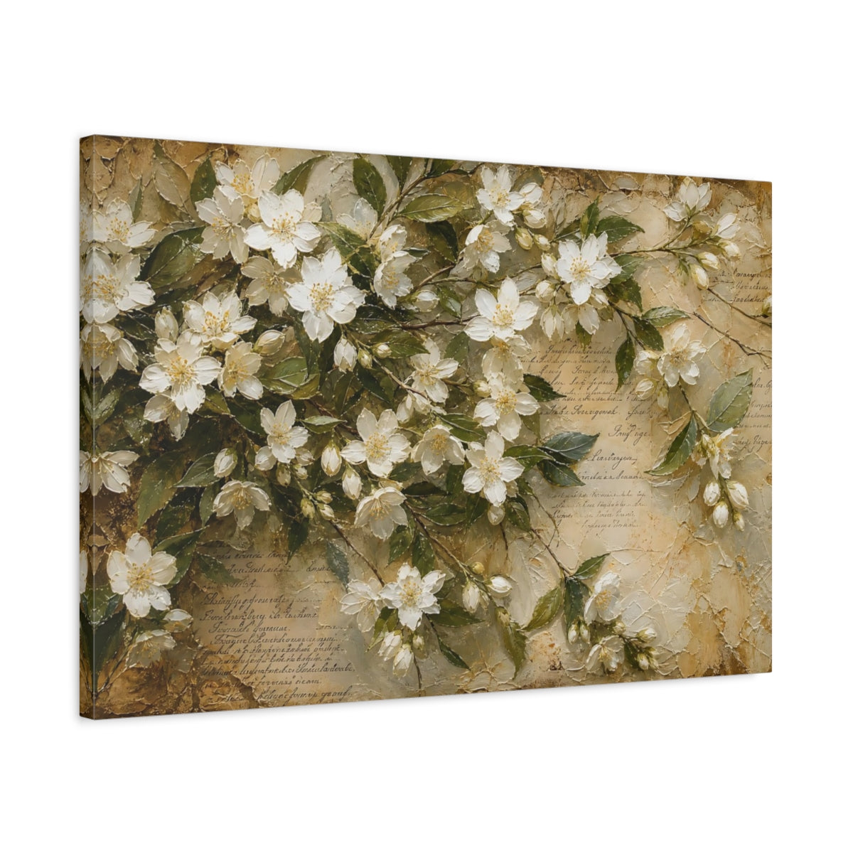 Side Mockup 2. Floral Jasmine Flowers White Floral Vintage shown as stretched canvas wall art