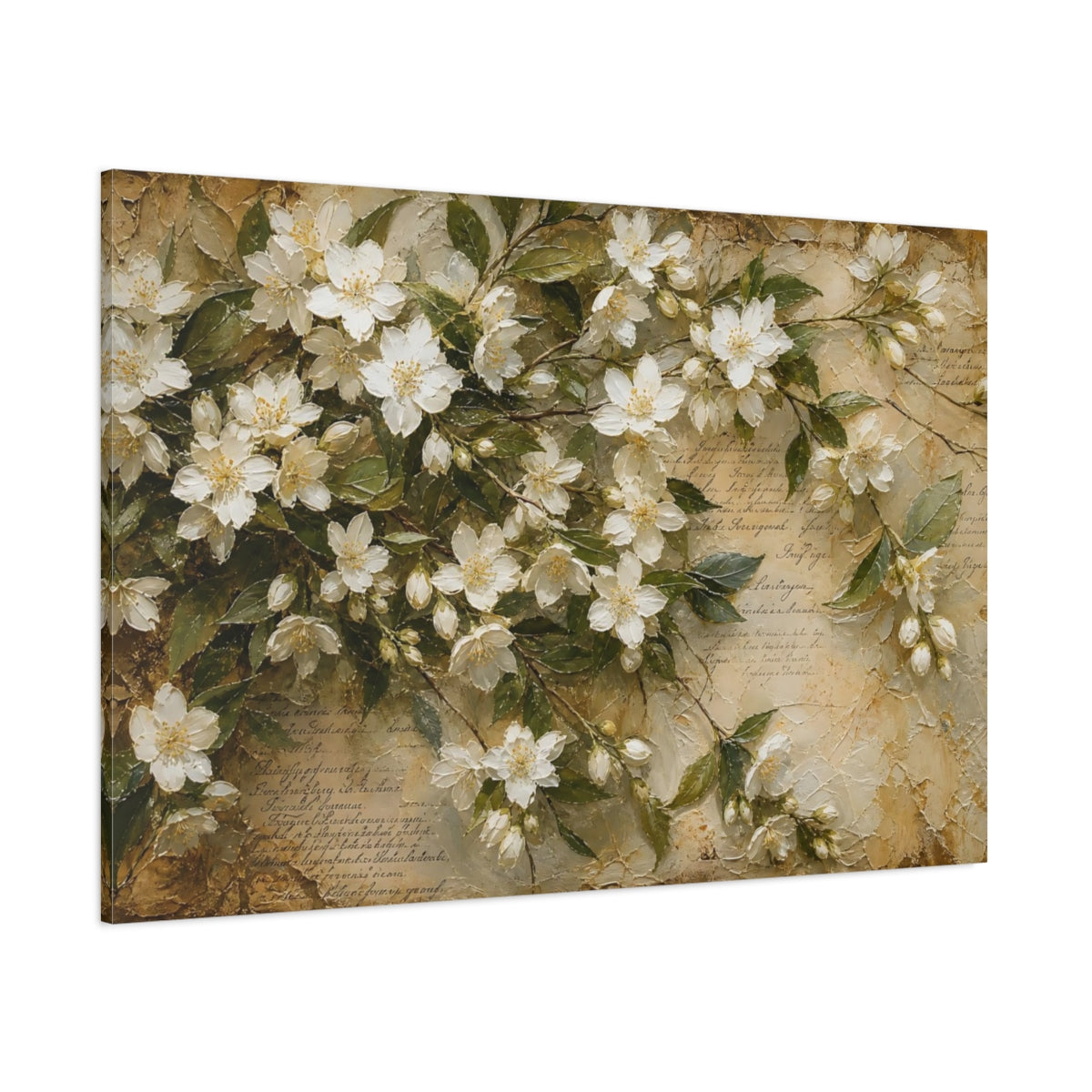 Side Mockup 1. Floral Jasmine Flowers White Floral Vintage shown as stretched canvas wall art