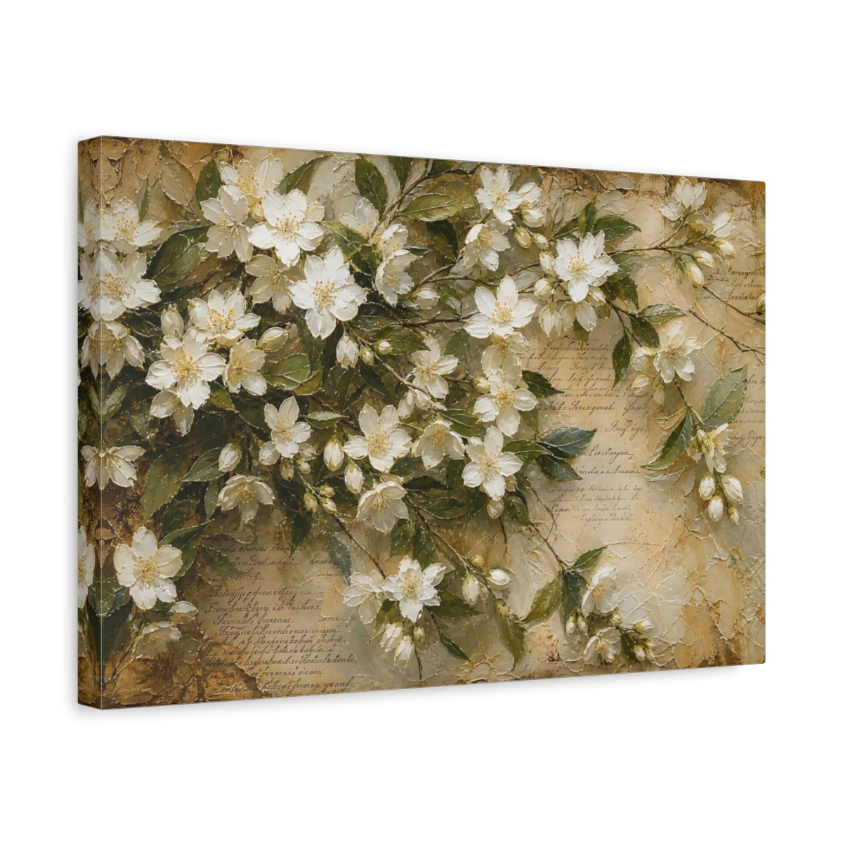 Side Mockup 4. Floral Jasmine Flowers White Floral Vintage shown as stretched canvas wall art