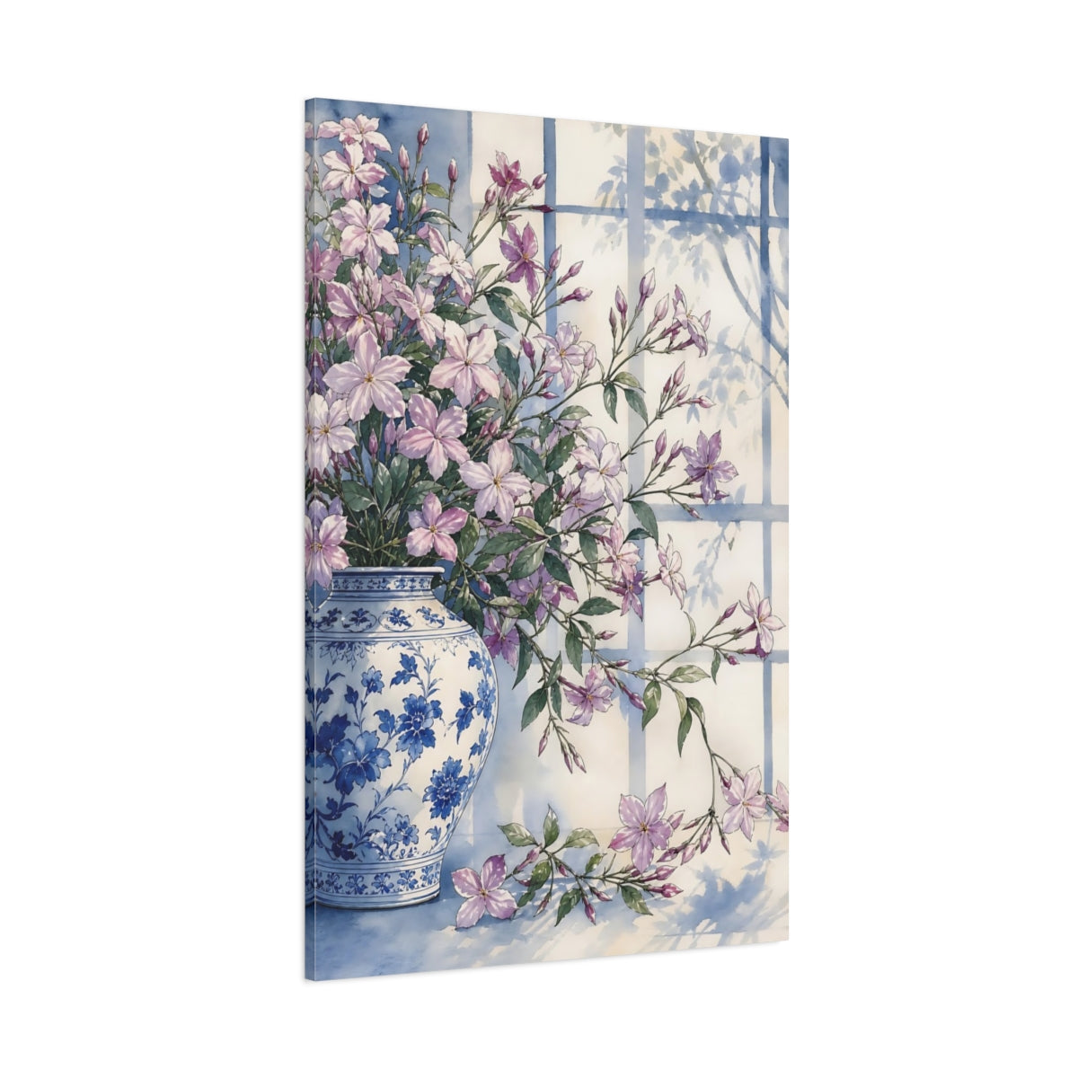 Side Mockup 1. Floral Jasmine Purple Jasmine Floral shown as stretched canvas wall art