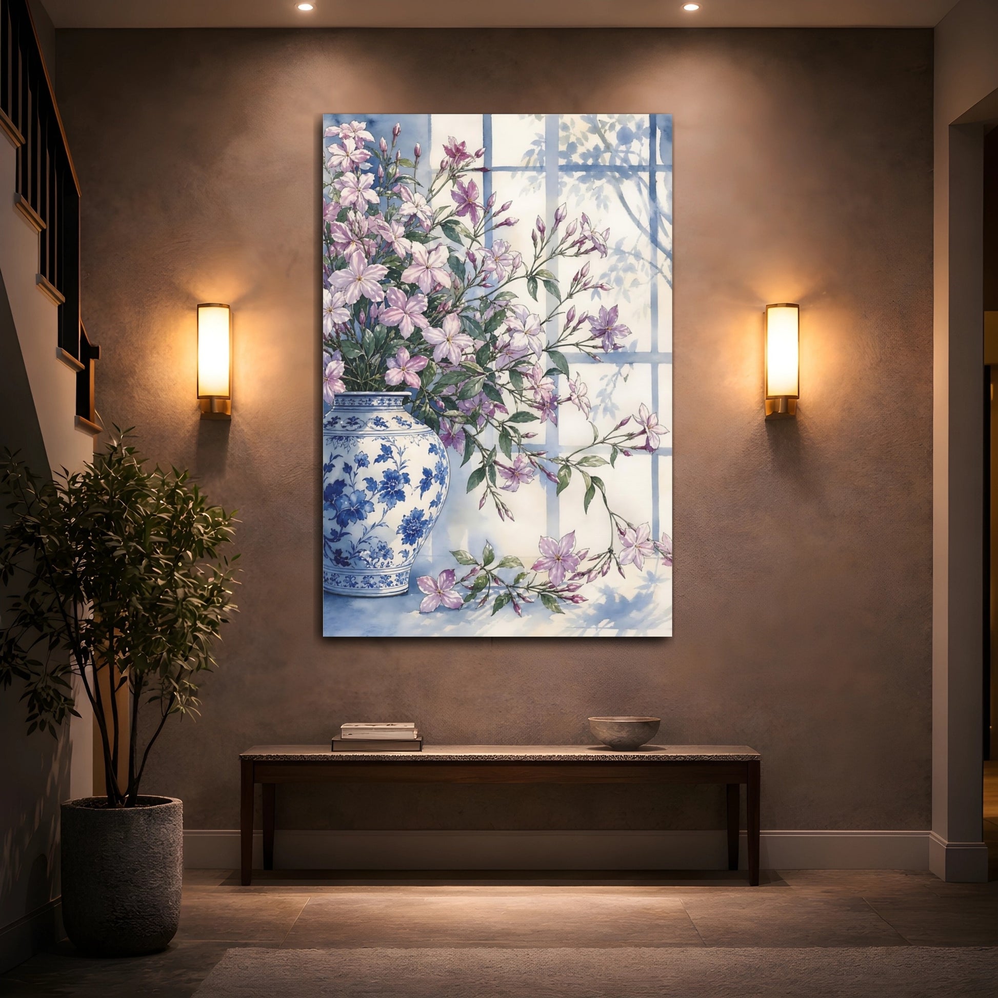 Mockup 2. Floral Jasmine Purple Jasmine Floral shown as stretched canvas wall art