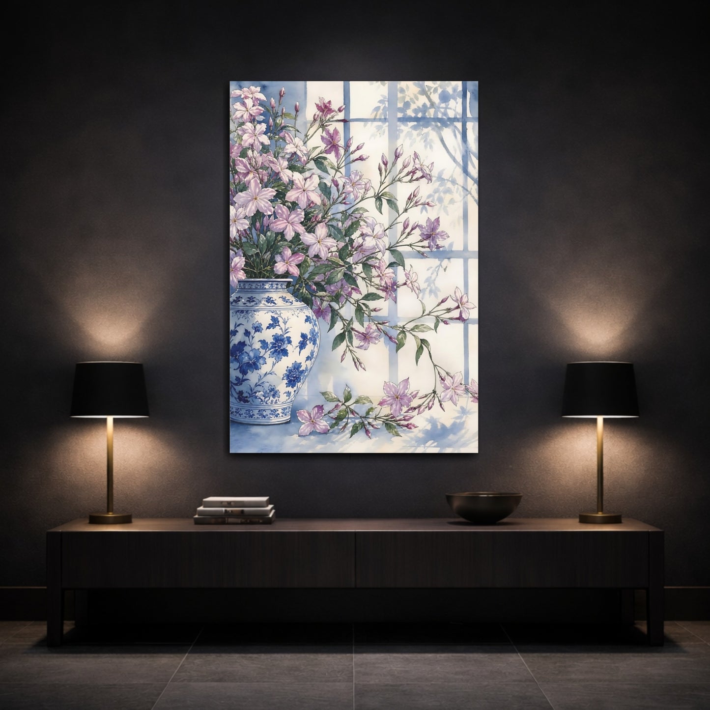 Mockup 3. Floral Jasmine Purple Jasmine Floral shown as stretched canvas wall art
