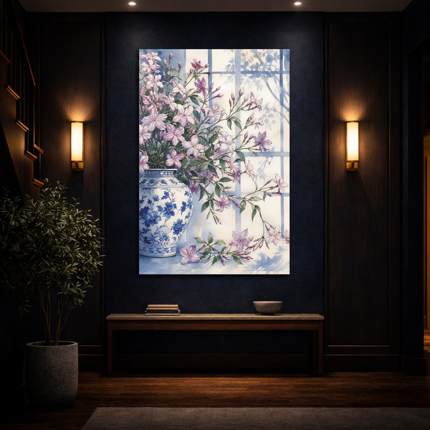 Mockup 4. Floral Jasmine Purple Jasmine Floral shown as stretched canvas wall art