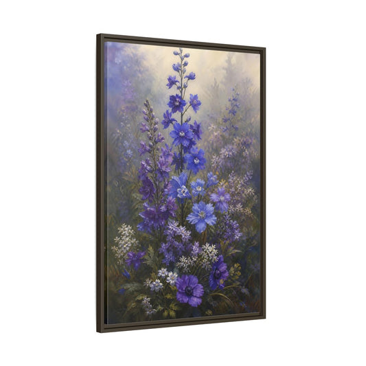 Main Mockup. Floral Larkspur Flowers Purple Blue Flowers shown as stretched canvas wall art