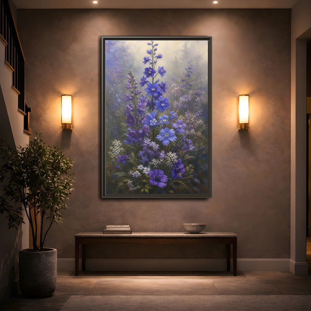 Mockup 2. Floral Larkspur Flowers Purple Blue Flowers shown as stretched canvas wall art