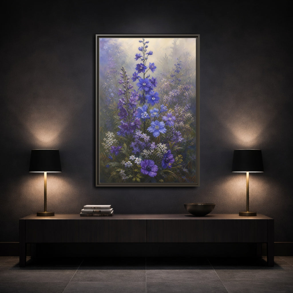 Mockup 3. Floral Larkspur Flowers Purple Blue Flowers shown as stretched canvas wall art
