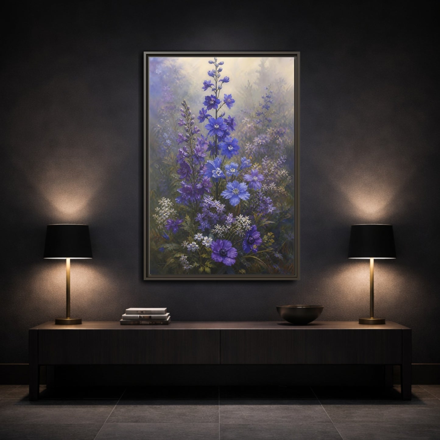 Mockup 3. Floral Larkspur Flowers Purple Blue Flowers shown as stretched canvas wall art