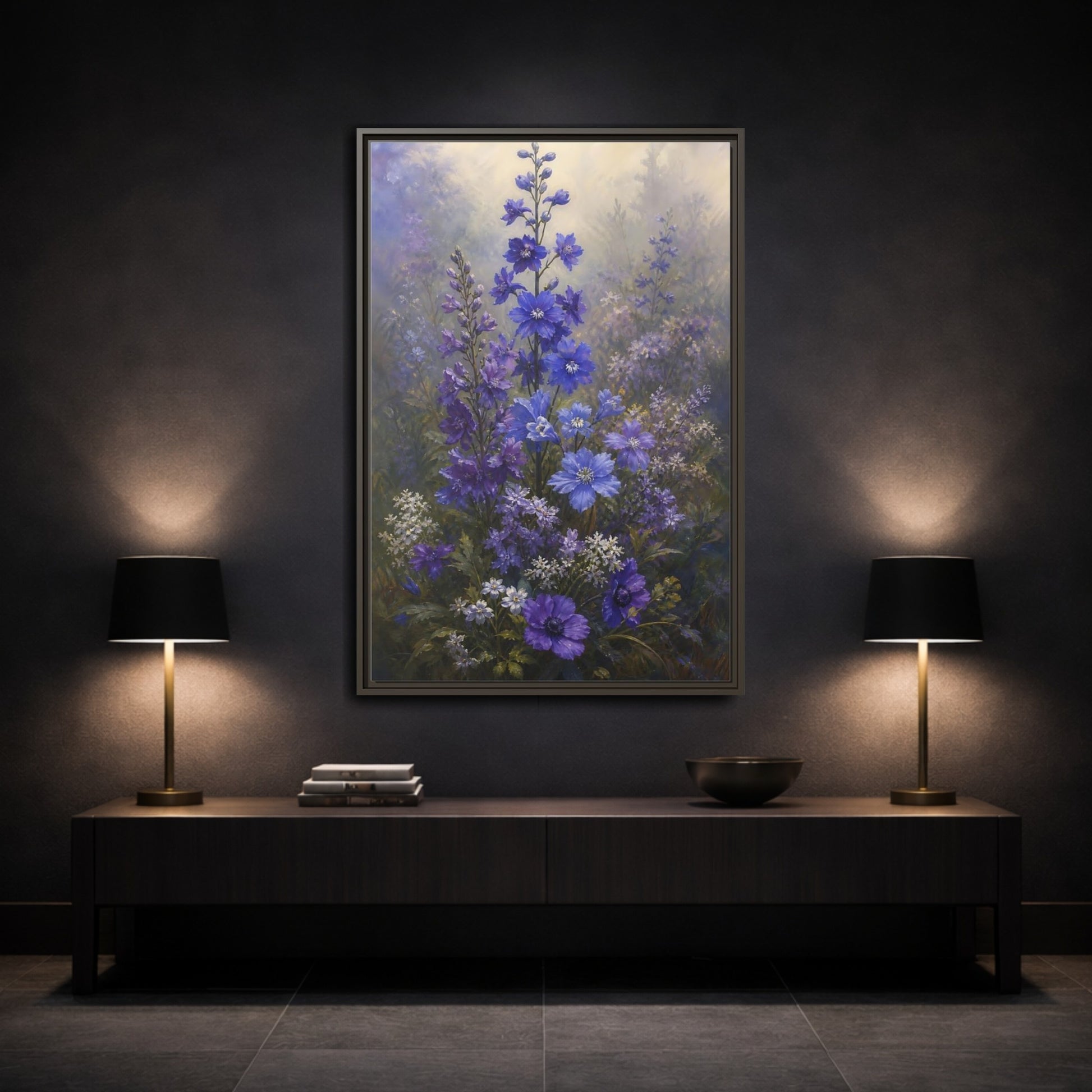 Mockup 3. Floral Larkspur Flowers Purple Blue Flowers shown as stretched canvas wall art