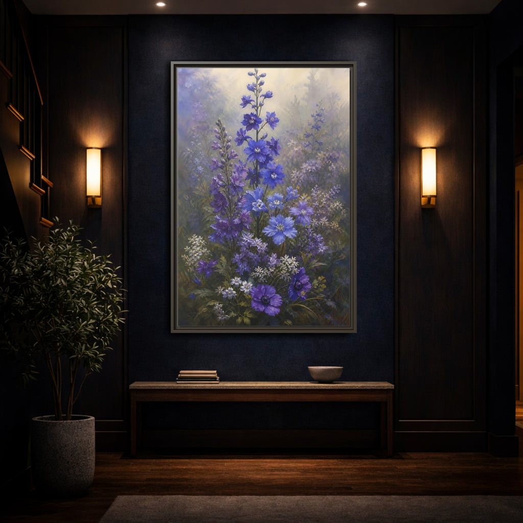 Mockup 4. Floral Larkspur Flowers Purple Blue Flowers shown as stretched canvas wall art