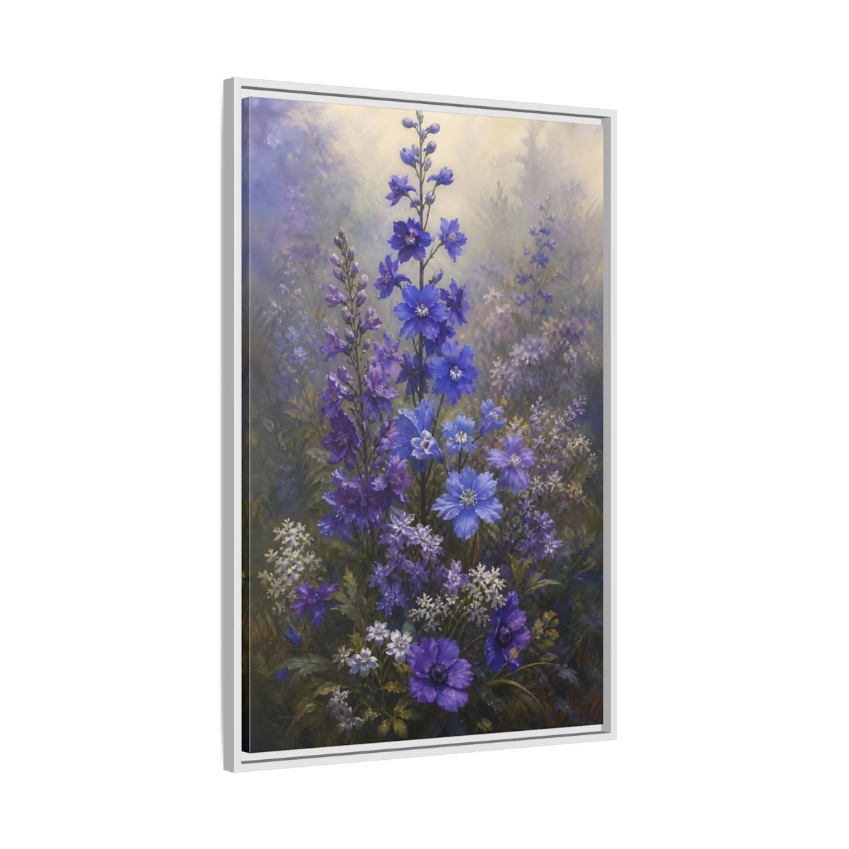 Side Mockup 9. Floral Larkspur Flowers Purple Blue Flowers shown as stretched canvas wall art