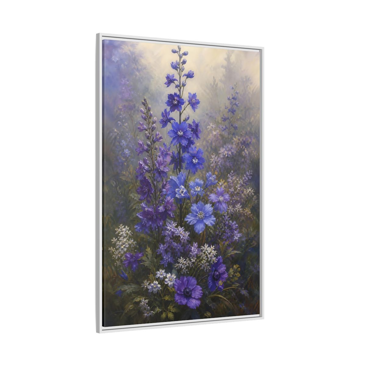 Side Mockup 7. Floral Larkspur Flowers Purple Blue Flowers shown as stretched canvas wall art