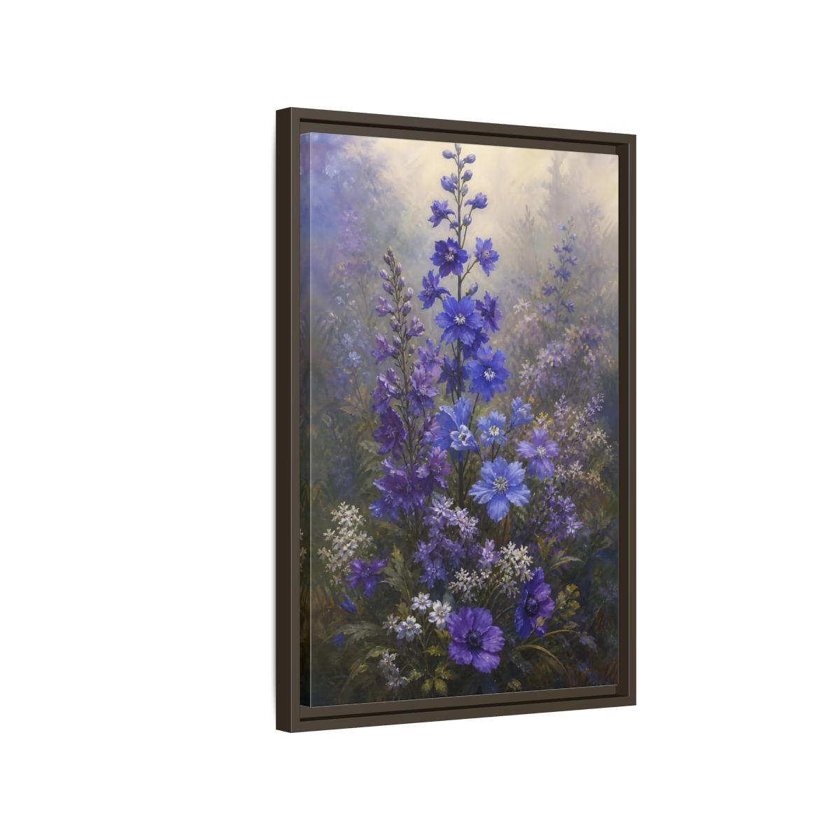 Side Mockup 2. Floral Larkspur Flowers Purple Blue Flowers shown as stretched canvas wall art