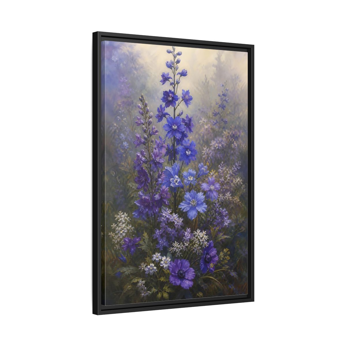 Side Mockup 14. Floral Larkspur Flowers Purple Blue Flowers shown as stretched canvas wall art