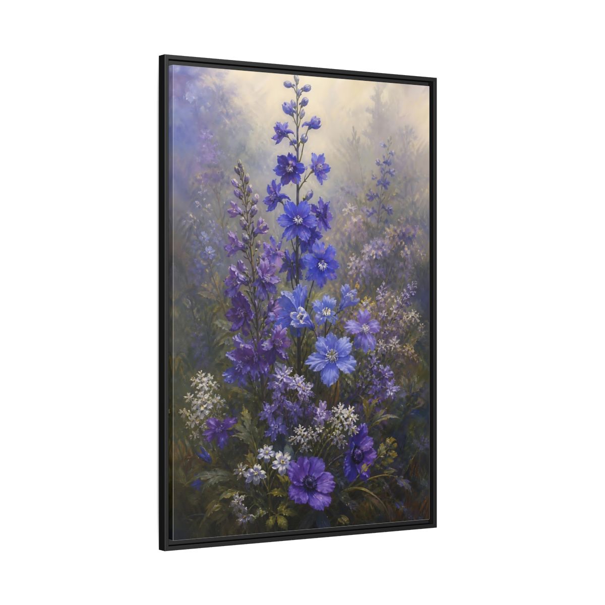 Side Mockup 12. Floral Larkspur Flowers Purple Blue Flowers shown as stretched canvas wall art