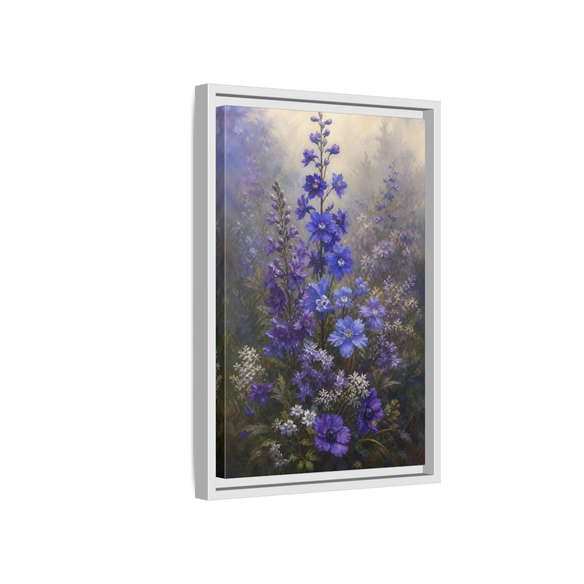 Side Mockup 4. Floral Larkspur Flowers Purple Blue Flowers shown as stretched canvas wall art