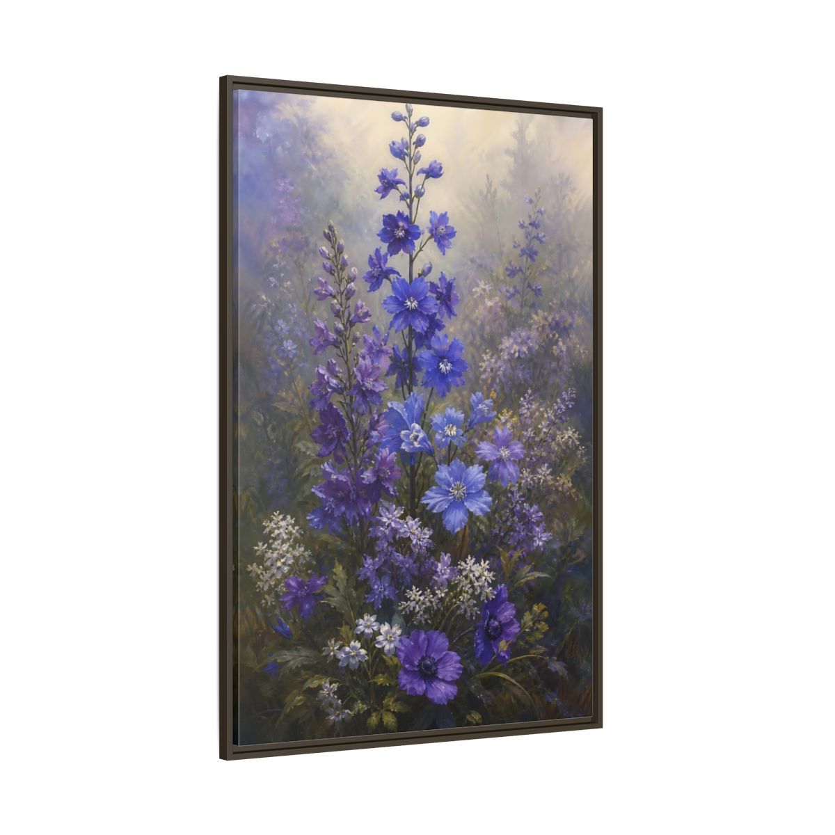Side Mockup 8. Floral Larkspur Flowers Purple Blue Flowers shown as stretched canvas wall art