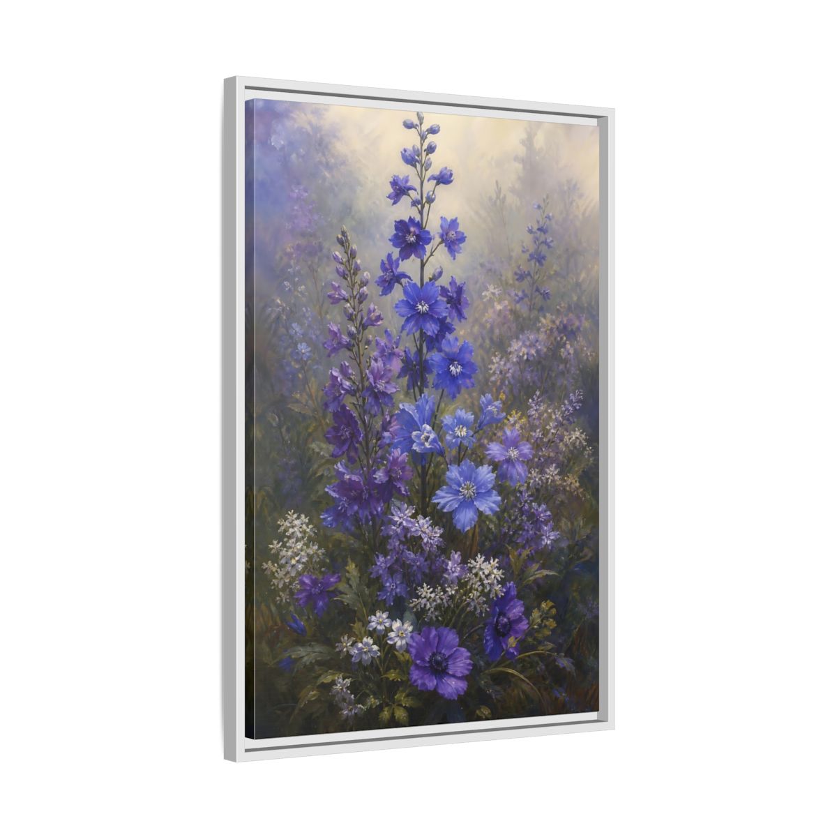 Side Mockup 10. Floral Larkspur Flowers Purple Blue Flowers shown as stretched canvas wall art