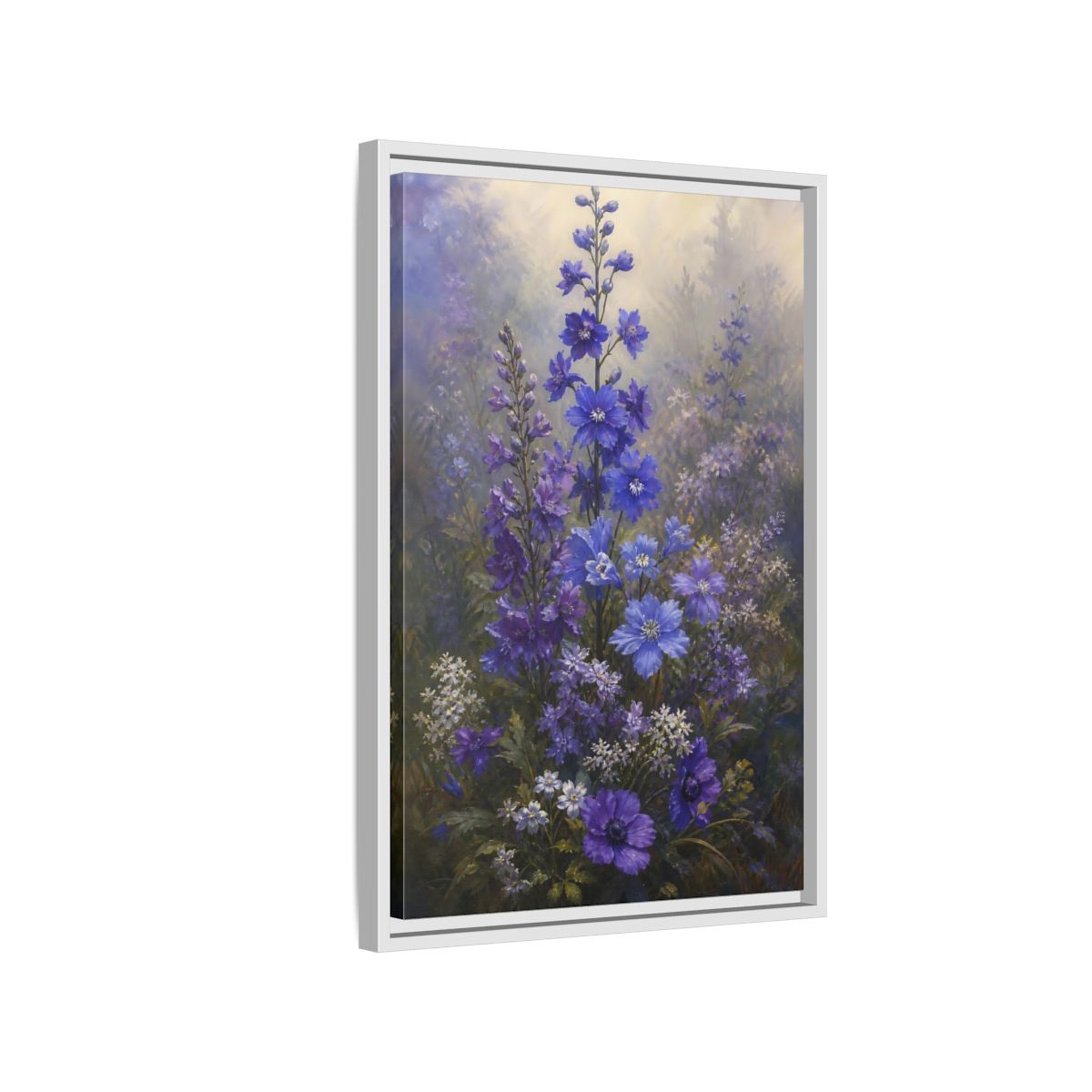 Side Mockup 1. Floral Larkspur Flowers Purple Blue Flowers shown as stretched canvas wall art