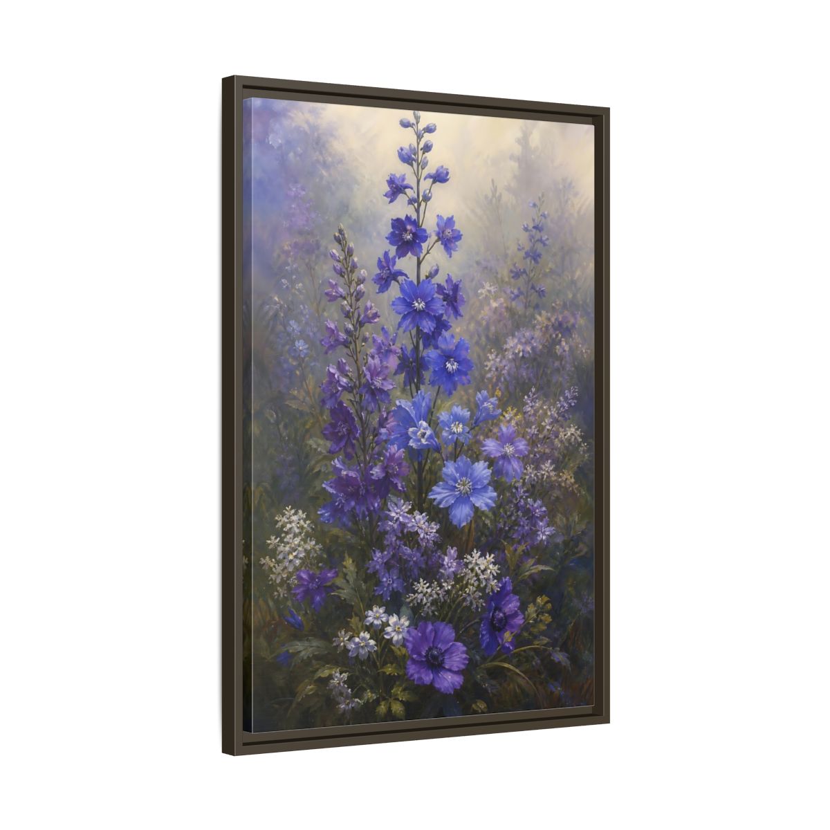 Side Mockup 11. Floral Larkspur Flowers Purple Blue Flowers shown as stretched canvas wall art