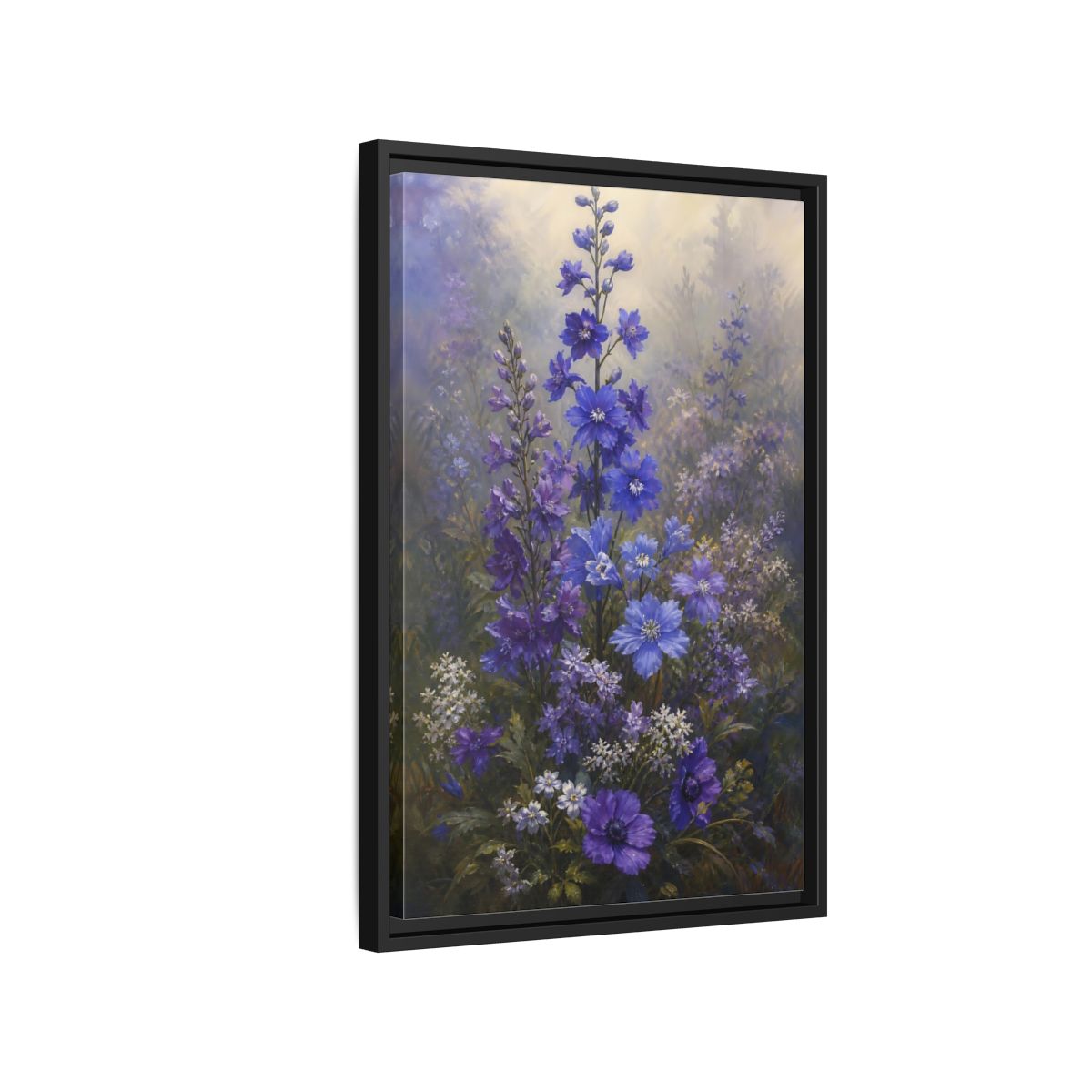 Side Mockup 3. Floral Larkspur Flowers Purple Blue Flowers shown as stretched canvas wall art