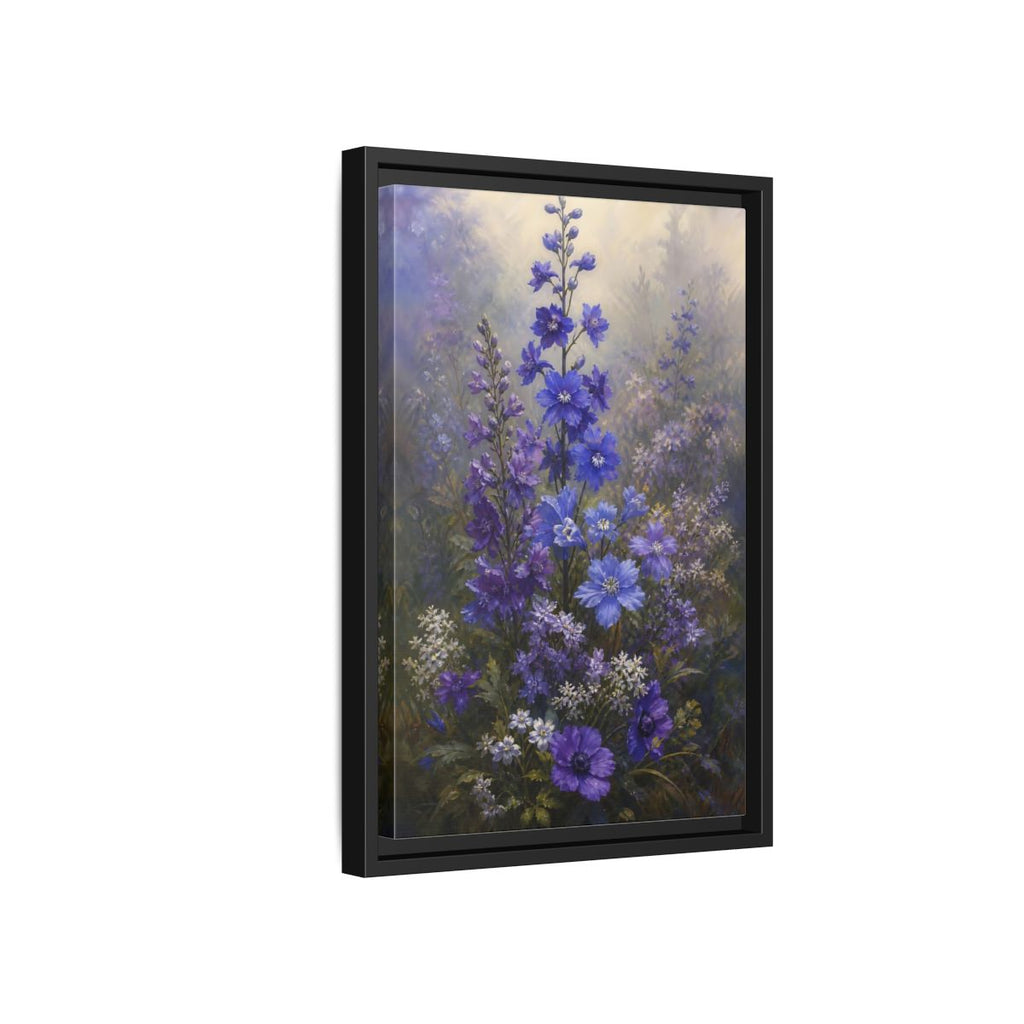 Side Mockup 6. Floral Larkspur Flowers Purple Blue Flowers shown as stretched canvas wall art