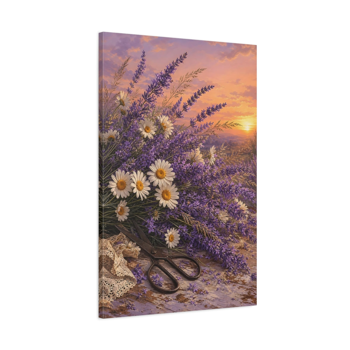 Main Mockup. Floral Lavender Daisies Lavender Sunset shown as stretched canvas wall art