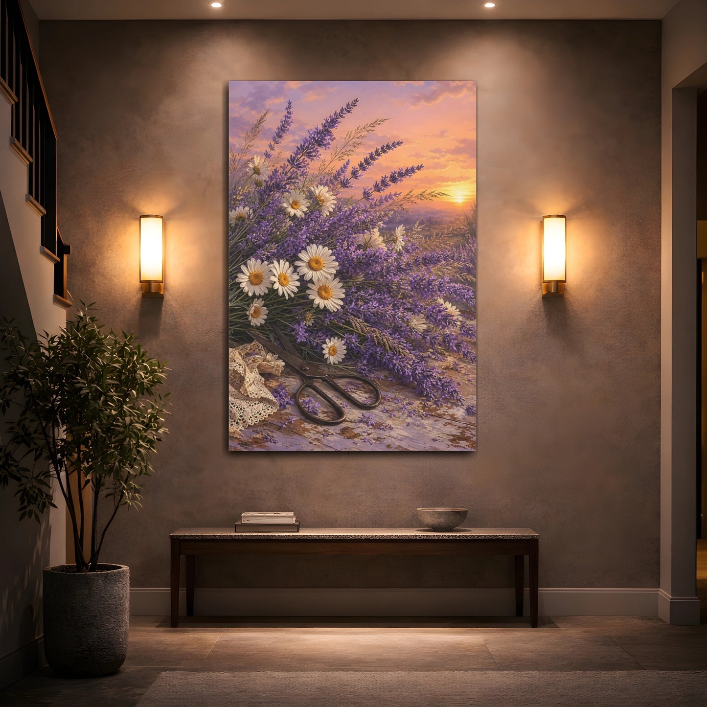 Mockup 2. Floral Lavender Daisies Lavender Sunset shown as stretched canvas wall art