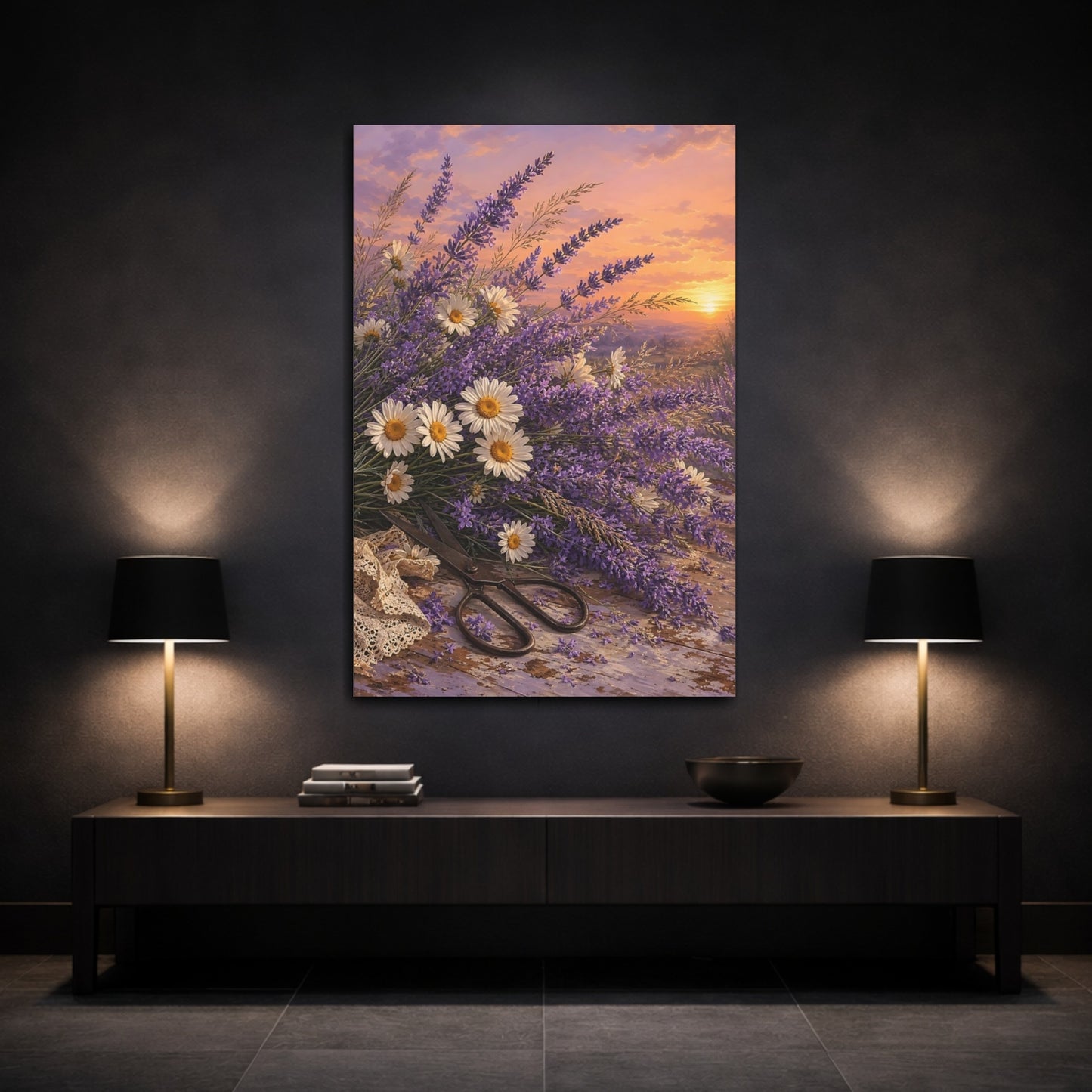 Mockup 3. Floral Lavender Daisies Lavender Sunset shown as stretched canvas wall art