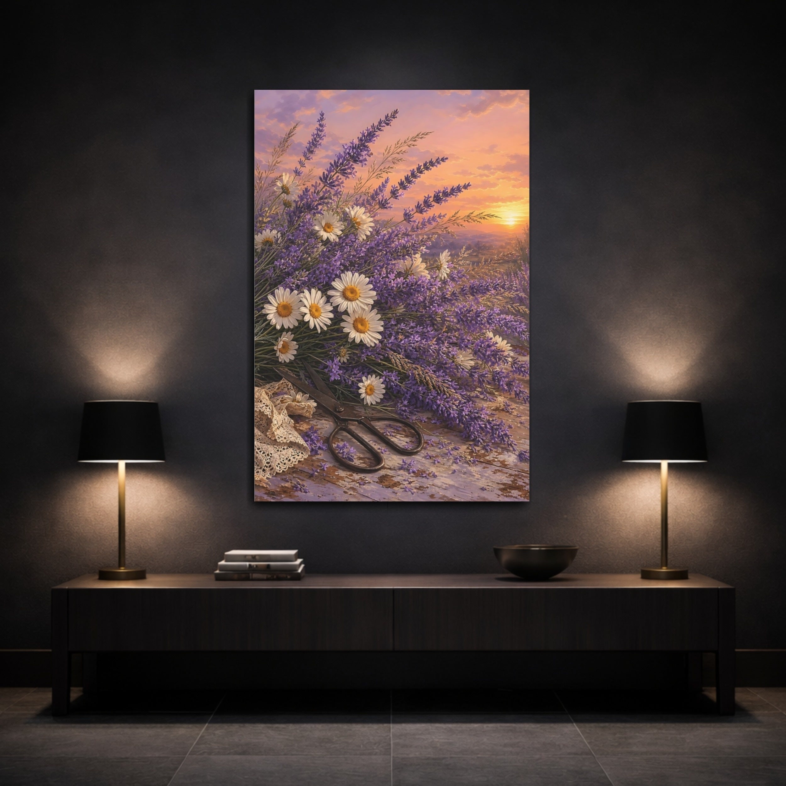 Mockup 3. Floral Lavender Daisies Lavender Sunset shown as stretched canvas wall art