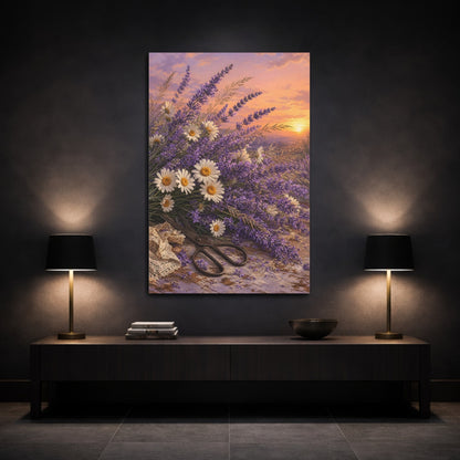 Mockup 3. Floral Lavender Daisies Lavender Sunset shown as stretched canvas wall art