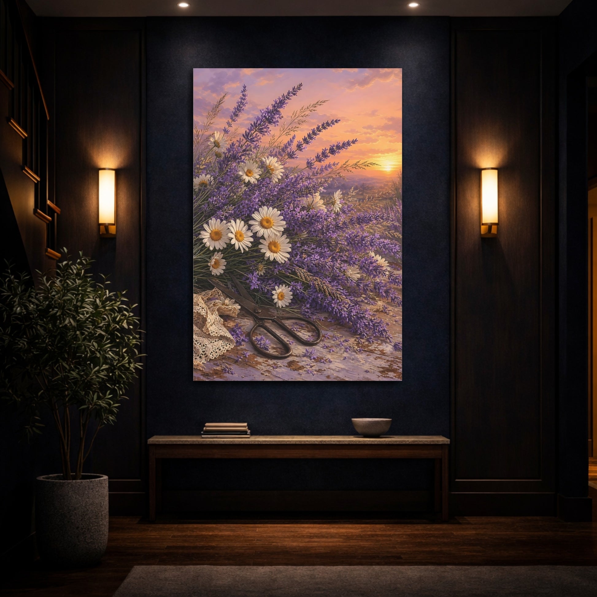 Mockup 4. Floral Lavender Daisies Lavender Sunset shown as stretched canvas wall art