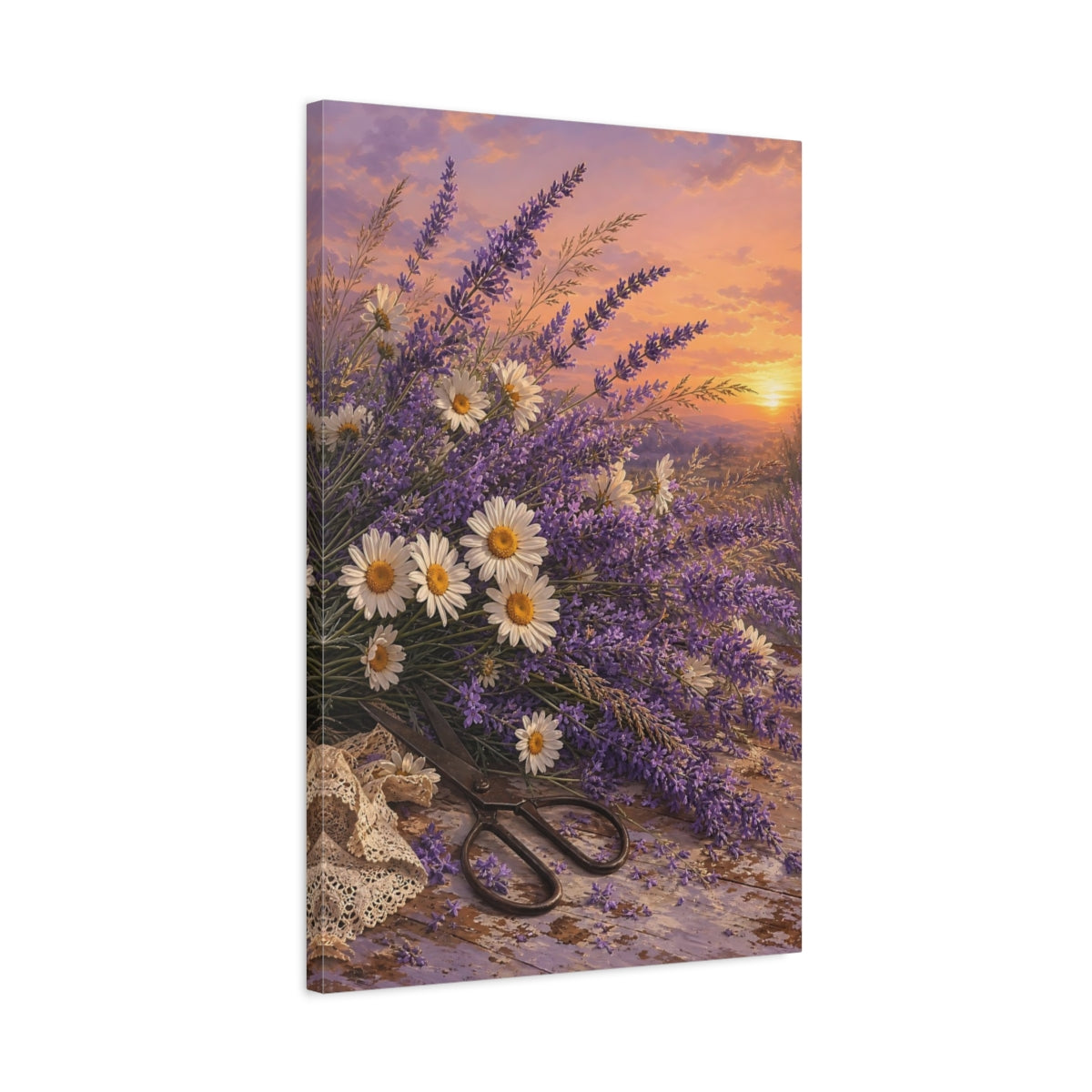 Side Mockup 2. Floral Lavender Daisies Lavender Sunset shown as stretched canvas wall art