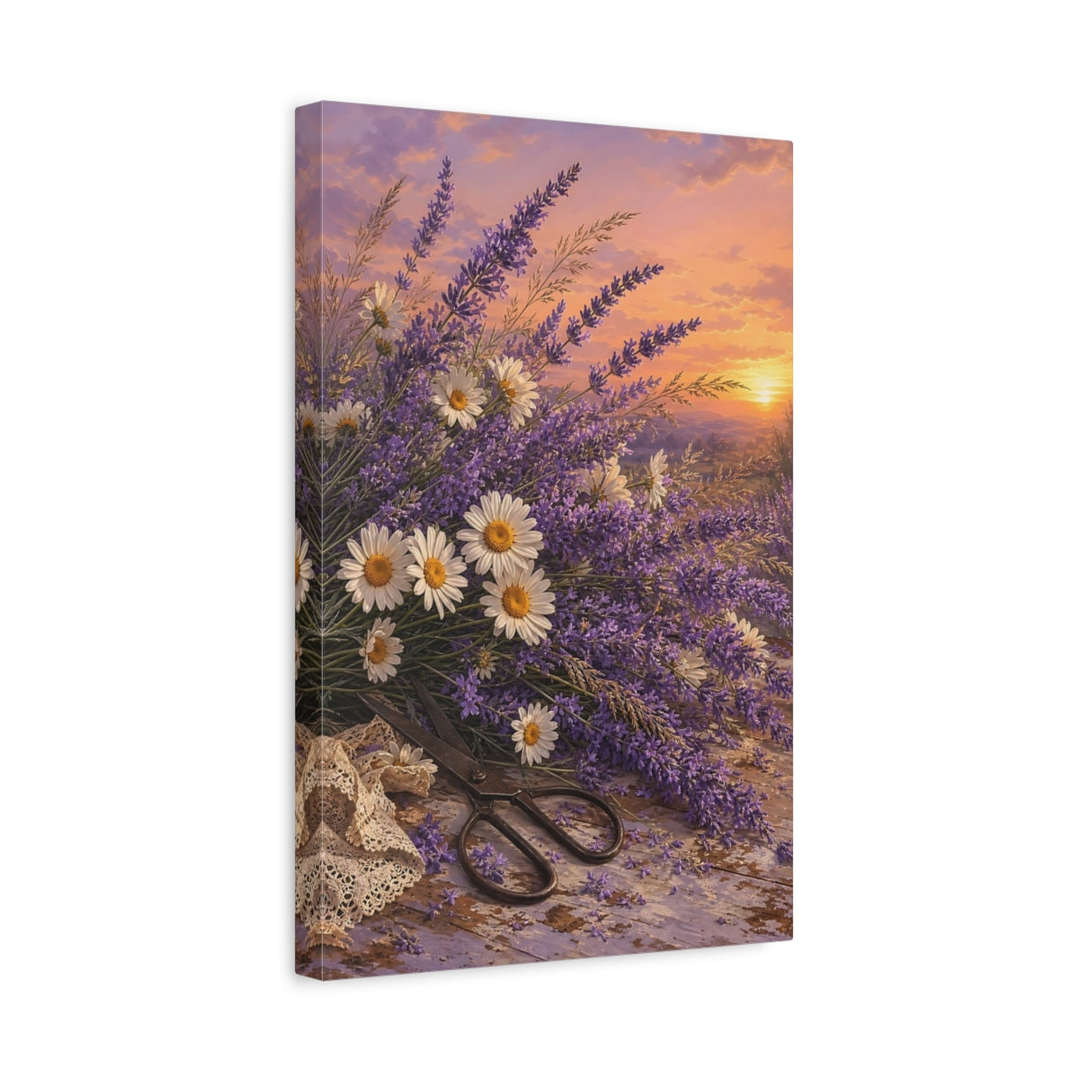 Side Mockup 4. Floral Lavender Daisies Lavender Sunset shown as stretched canvas wall art