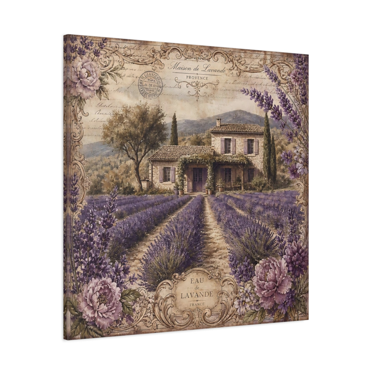 Side Mockup 1. Floral Lavender Field Purple Lavender shown as stretched canvas wall art