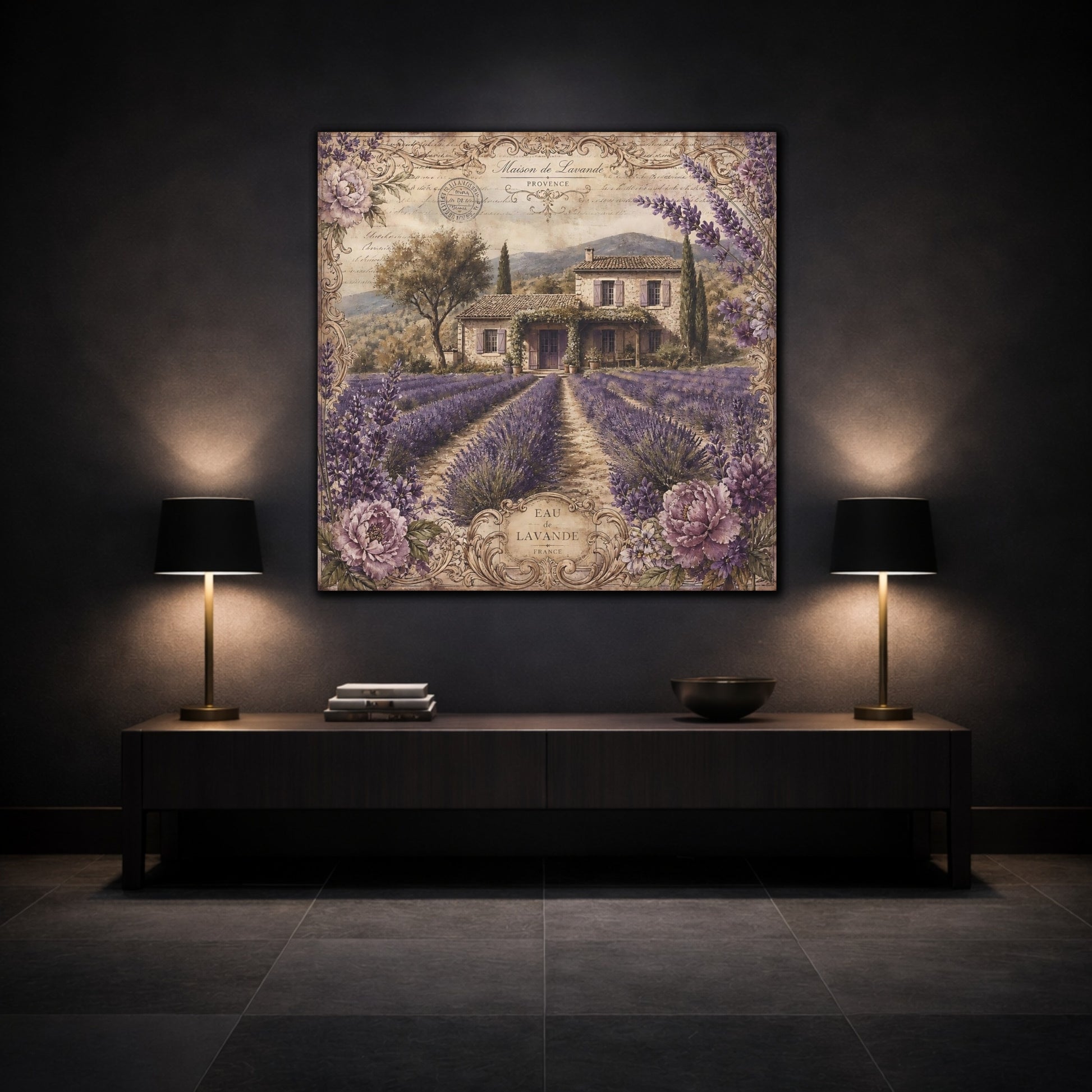 Mockup 3. Floral Lavender Field Purple Lavender shown as stretched canvas wall art