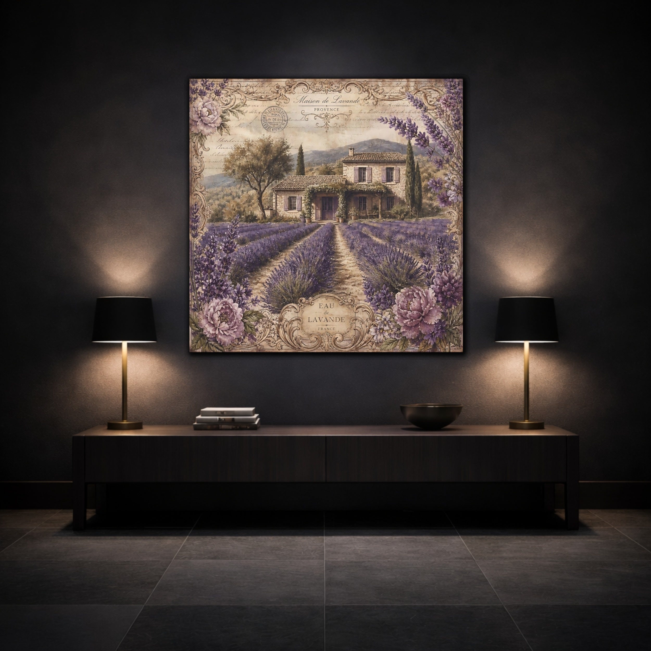 Mockup 3. Floral Lavender Field Purple Lavender shown as stretched canvas wall art