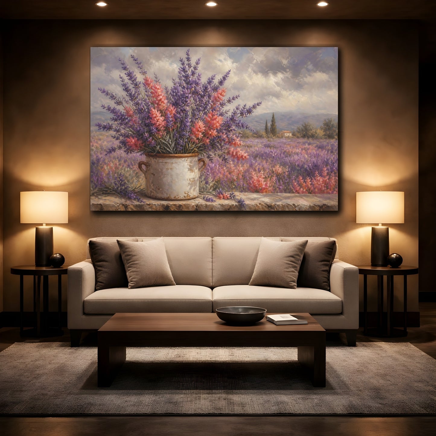 Mockup 2. Floral Lavender Flowers Purple Lavender shown as stretched canvas wall art