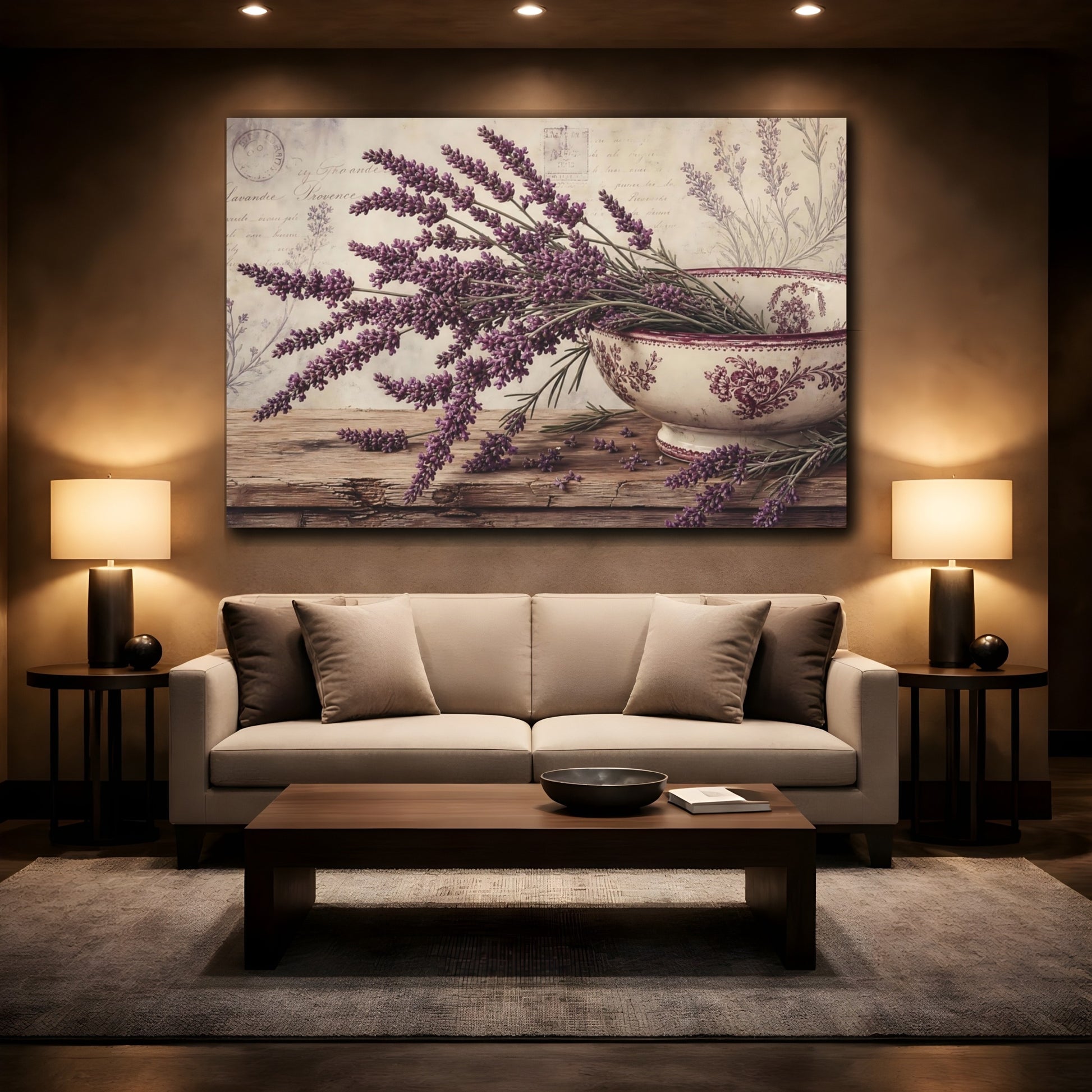 Mockup 2. Floral Lavender Flowers Purple Lavender shown as stretched canvas wall art