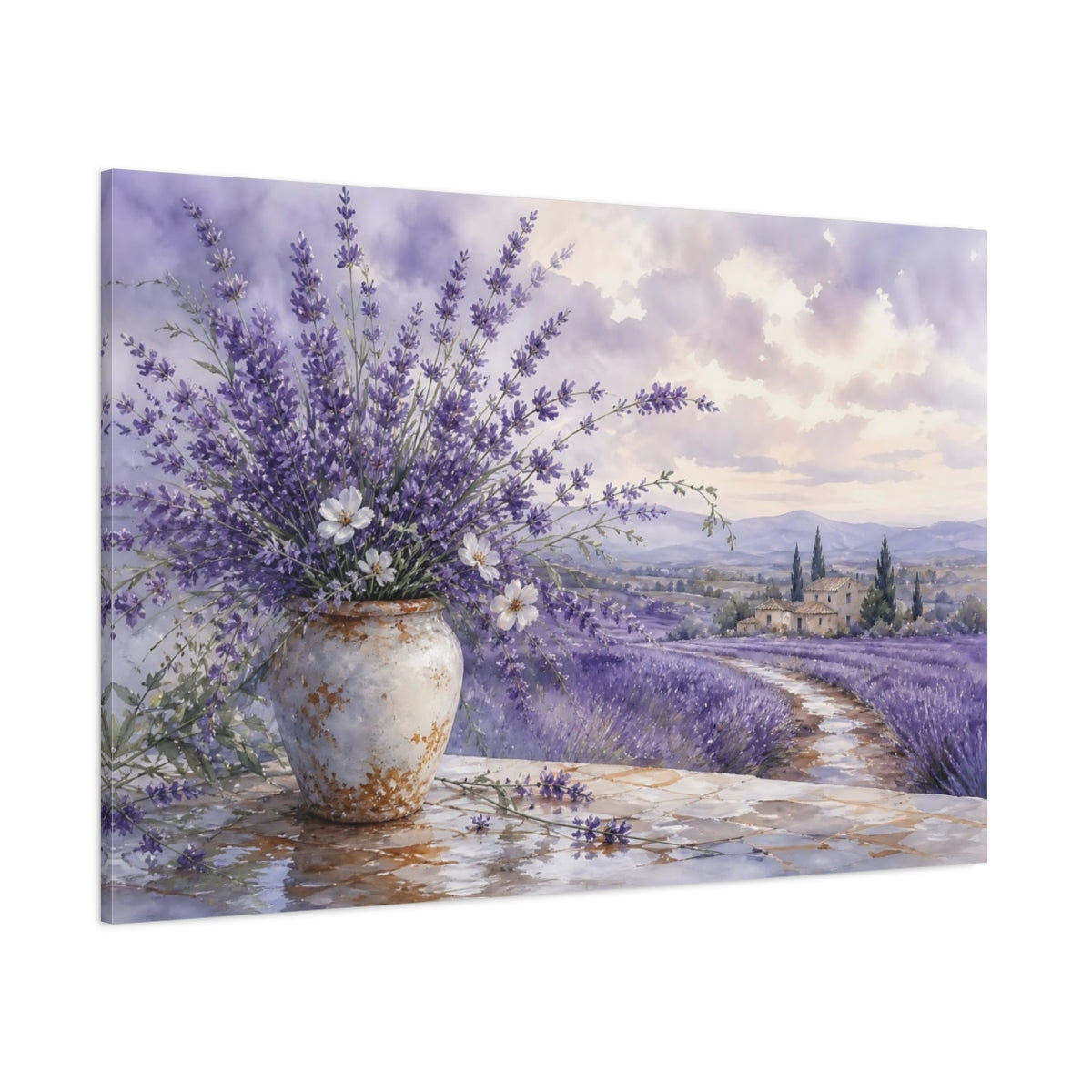 Side Mockup 1. Floral Lavender Purple Lavender shown as stretched canvas wall art