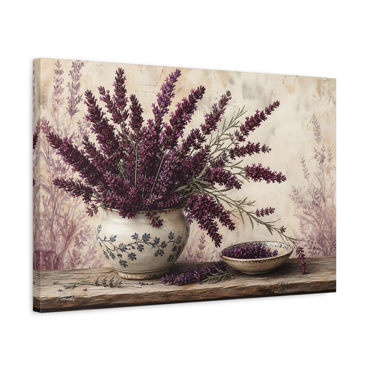 Side Mockup 3. Floral Lavender Purple Lavender shown as stretched canvas wall art
