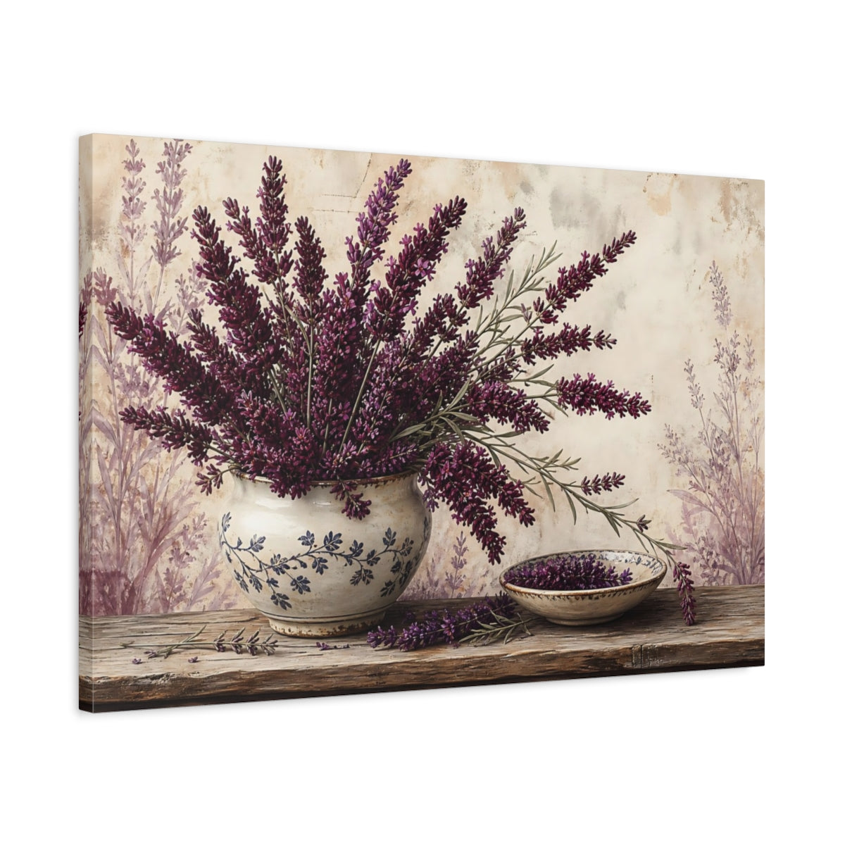 Side Mockup 2. Floral Lavender Purple Lavender shown as stretched canvas wall art